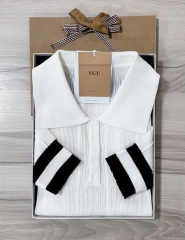 VGU1354 - ÁO LEN DỆT KIM TRẮNG PHỐI SỌC TAY (ÁO LẺ)