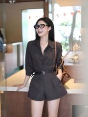 VGU1377 - SET ÁO SƠ MI TAY DÀI - QUẦN SHORT FULL XÁM ( KÈM NỊT )