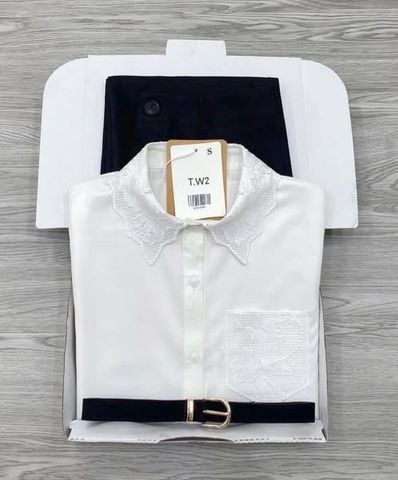 KS1294 - SET ÁO SƠMI TRẮNG PHỐI REN + QUẦN DÀI ĐEN (KÈM NỊT)