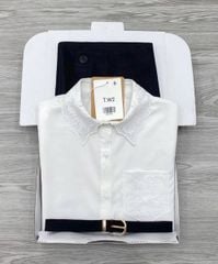 KS1294 - SET ÁO SƠMI TRẮNG PHỐI REN + QUẦN DÀI ĐEN (KÈM NỊT)
