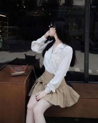 TQ4607 - SET ÁO SƠMI TAY DÀI SỌC + CHÂN VÁY XẾP LY NÂU