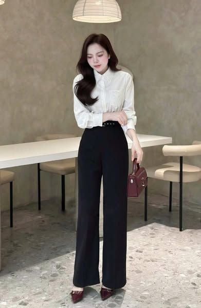 KS1294 - SET ÁO SƠMI TRẮNG PHỐI REN + QUẦN DÀI ĐEN (KÈM NỊT)