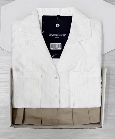 TQ4607 - SET ÁO SƠMI TAY DÀI SỌC + CHÂN VÁY XẾP LY NÂU