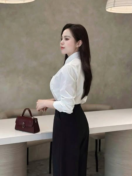 KS1294 - SET ÁO SƠMI TRẮNG PHỐI REN + QUẦN DÀI ĐEN (KÈM NỊT)