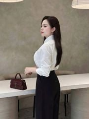 KS1294 - SET ÁO SƠMI TRẮNG PHỐI REN + QUẦN DÀI ĐEN (KÈM NỊT)