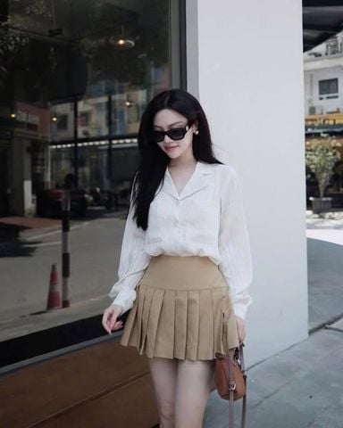 TQ4607 - SET ÁO SƠMI TAY DÀI SỌC + CHÂN VÁY XẾP LY NÂU