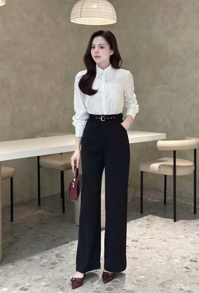 KS1294 - SET ÁO SƠMI TRẮNG PHỐI REN + QUẦN DÀI ĐEN (KÈM NỊT)