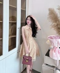 VGU0404 -Đầm ren ngắn phối cổ Nâu