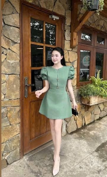 VGU1408 - ĐẦM NGẮN TAY PHỒNG XANH
