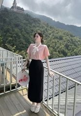 TQ4621 - SET ÁO THUN HỒNG + CHÂN VÁY ĐEN VIỀN BÈO (KHÔNG KÈM KHĂN)