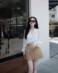 TQ4607 - SET ÁO SƠMI TAY DÀI SỌC + CHÂN VÁY XẾP LY NÂU