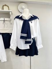 VGU1467 - SET ÁO SƠMI TRẮNG + C.VÁY XẾP LY XANH ĐEN (KÈM KHĂN CHOÀNG)