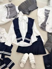 VGU1467 - SET ÁO SƠMI TRẮNG + C.VÁY XẾP LY XANH ĐEN (KÈM KHĂN CHOÀNG)