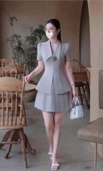 TB9223 - SET CAO CẤP PHỐI HOA, VÁY NGẮN XẾP LY - MÀU BE