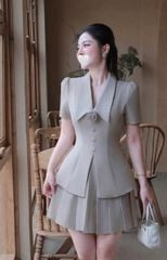 TB9223 - SET CAO CẤP PHỐI HOA, VÁY NGẮN XẾP LY - MÀU BE