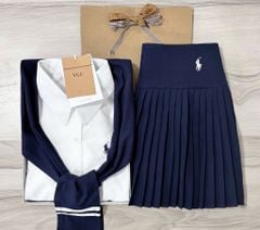 VGU1467 - SET ÁO SƠMI TRẮNG + C.VÁY XẾP LY XANH ĐEN (KÈM KHĂN CHOÀNG)