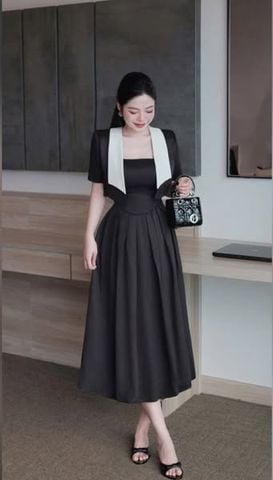 VGU1510 - ĐẦM DÀI 2 DÂY ĐEN + ÁO KHOÁC