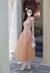 VGU1527 - ĐẦM REN NGẮN PHỐI TÙNG XÒE DÀI - NÂU