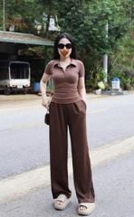 KS1352 - SET ÁO THUN CỔ SƠMI + QUẦN DÀI PHỐI SỌC (NÂU)