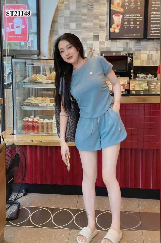 VGU1533 - SET BỘ NGẮN THÊU NGỰA - XANH PHỐI SỌC XÁM