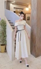 TB5876 - ĐẦM TRỄ VAI CHẤM BI DÁNG DÀI KÈM TAG HOA