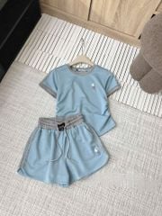 VGU1533 - SET BỘ NGẮN THÊU NGỰA - XANH PHỐI SỌC XÁM