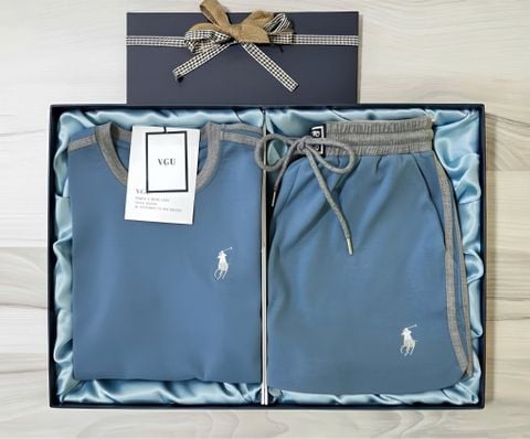 VGU1533 - SET BỘ NGẮN THÊU NGỰA - XANH PHỐI SỌC XÁM