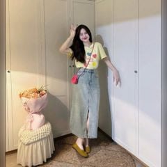 VGU1607 - SET ÁO THUN VÀNG + C.VÁY JEAN XẺ TRƯỚC