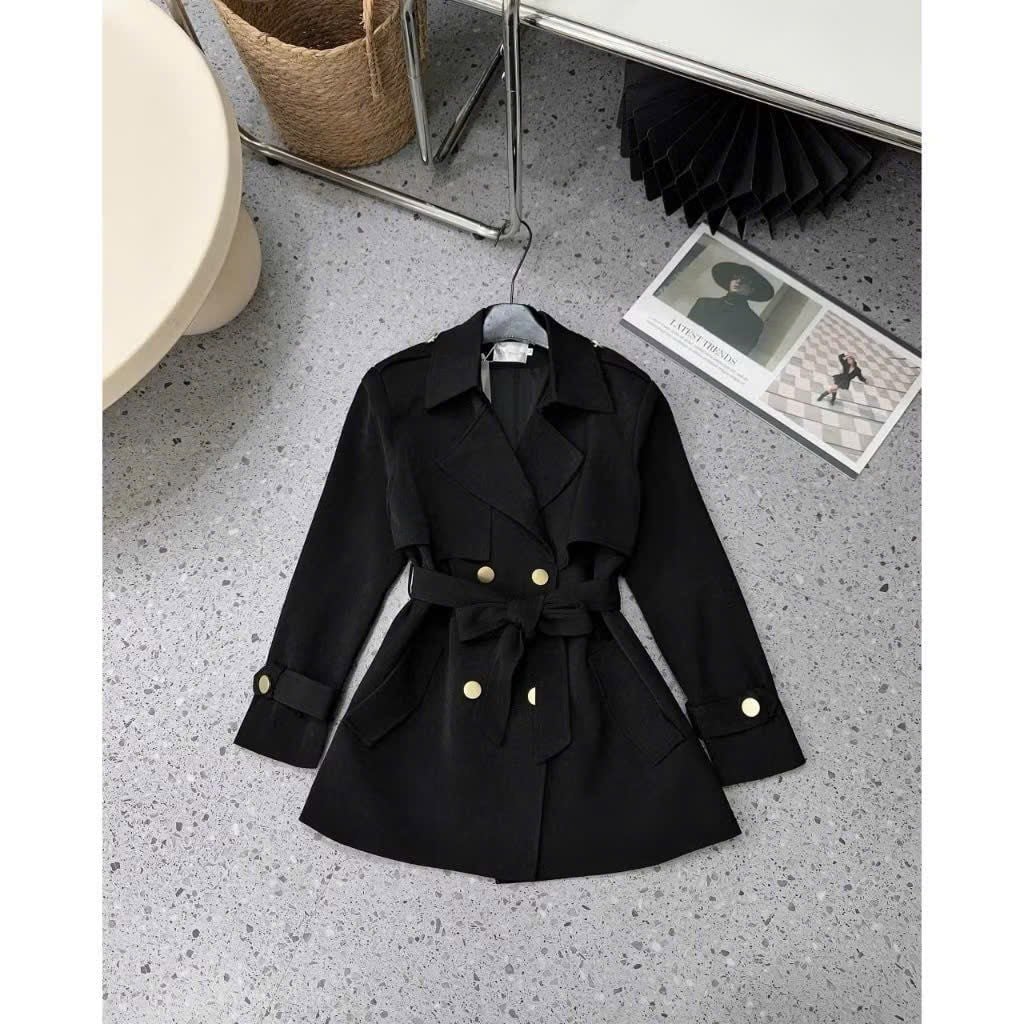 KS1373 - ÁO MĂNG TÔ KÈM DÂY BUỘC EO - MÀU ĐEN