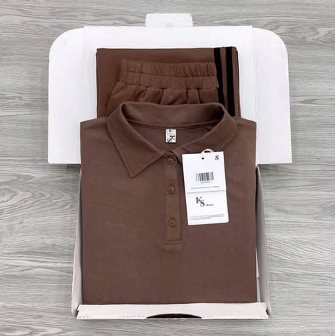 KS1352 - SET ÁO THUN CỔ SƠMI + QUẦN DÀI PHỐI SỌC (NÂU)