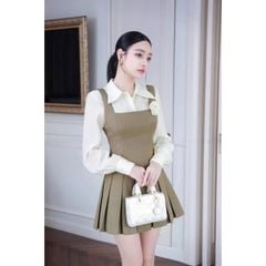 KS1120 - SET ÁO SƠ MI + ĐẦM XẾP LY ( KÈM TAG HOA) - MÀU NÂU