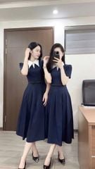 KS1393 - ĐẦM DÀI XANH ĐEN PHỐI CỔ TRẮNG (KÈM DÂY)