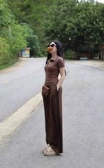 KS1352 - SET ÁO THUN CỔ SƠMI + QUẦN DÀI PHỐI SỌC (NÂU)