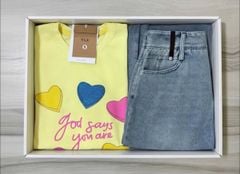 VGU1607 - SET ÁO THUN VÀNG + C.VÁY JEAN XẺ TRƯỚC