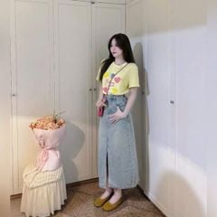 VGU1607 - SET ÁO THUN VÀNG + C.VÁY JEAN XẺ TRƯỚC