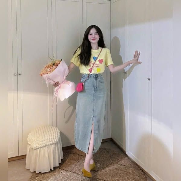 VGU1607 - SET ÁO THUN VÀNG + C.VÁY JEAN XẺ TRƯỚC