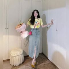 VGU1607 - SET ÁO THUN VÀNG + C.VÁY JEAN XẺ TRƯỚC