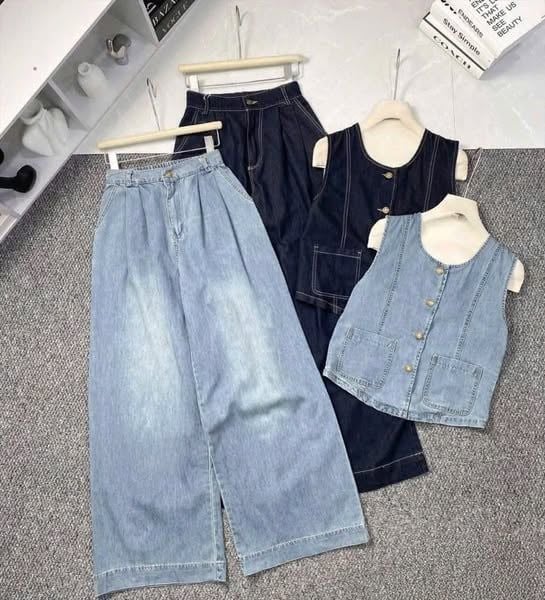 TB9081 - SET JEAN SÁT NÁCH PHỐI TÚI + QUẦN DÀI (XANH ĐẬM)