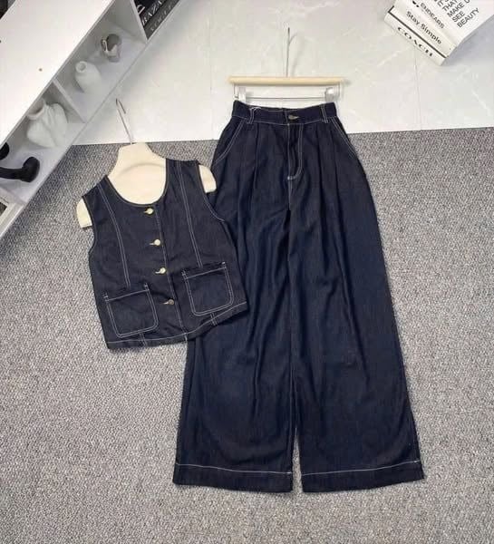 TB9081 - SET JEAN SÁT NÁCH PHỐI TÚI + QUẦN DÀI (XANH ĐẬM)