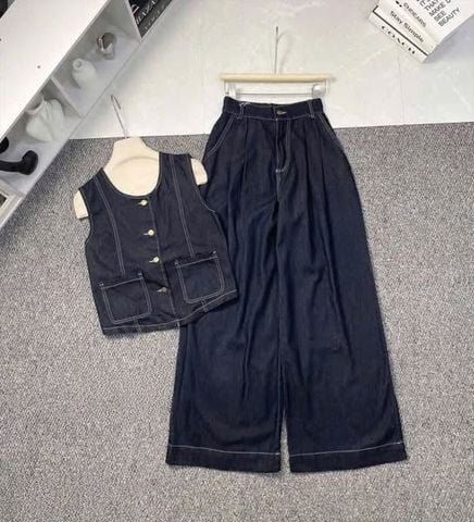 TB9081 - SET JEAN SÁT NÁCH PHỐI TÚI + QUẦN DÀI (XANH ĐẬM)