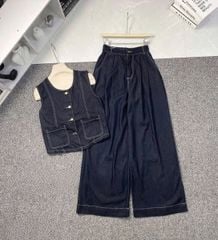 TB9081 - SET JEAN SÁT NÁCH PHỐI TÚI + QUẦN DÀI (XANH ĐẬM)