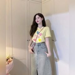 VGU1607 - SET ÁO THUN VÀNG + C.VÁY JEAN XẺ TRƯỚC