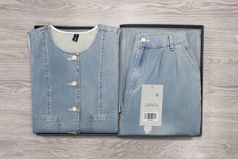 TB9082 - SET JEAN SÁT NÁCH PHỐI TÚI + QUẦN DÀI (XANH NHẠT)