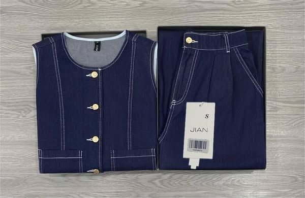 TB9081 - SET JEAN SÁT NÁCH PHỐI TÚI + QUẦN DÀI (XANH ĐẬM)