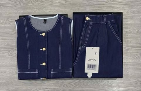 TB9081 - SET JEAN SÁT NÁCH PHỐI TÚI + QUẦN DÀI (XANH ĐẬM)