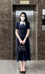 KS1393 - ĐẦM DÀI XANH ĐEN PHỐI CỔ TRẮNG (KÈM DÂY)