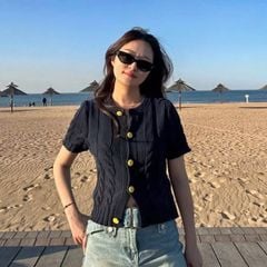 VGU1661 - ÁO LEN XANH ĐEN PHỐI NÚT (ÁO LẺ)