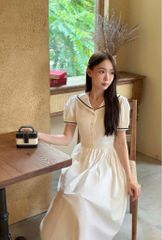 TB5859 ĐẦM KEM TAY BÍ PHỐI VIỀN + TAG NƠ