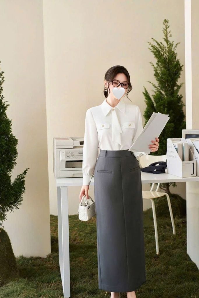 SKY9334 - SET CÔNG SỞ SƠMI TRẮNG + VÁY DÀI XÁM