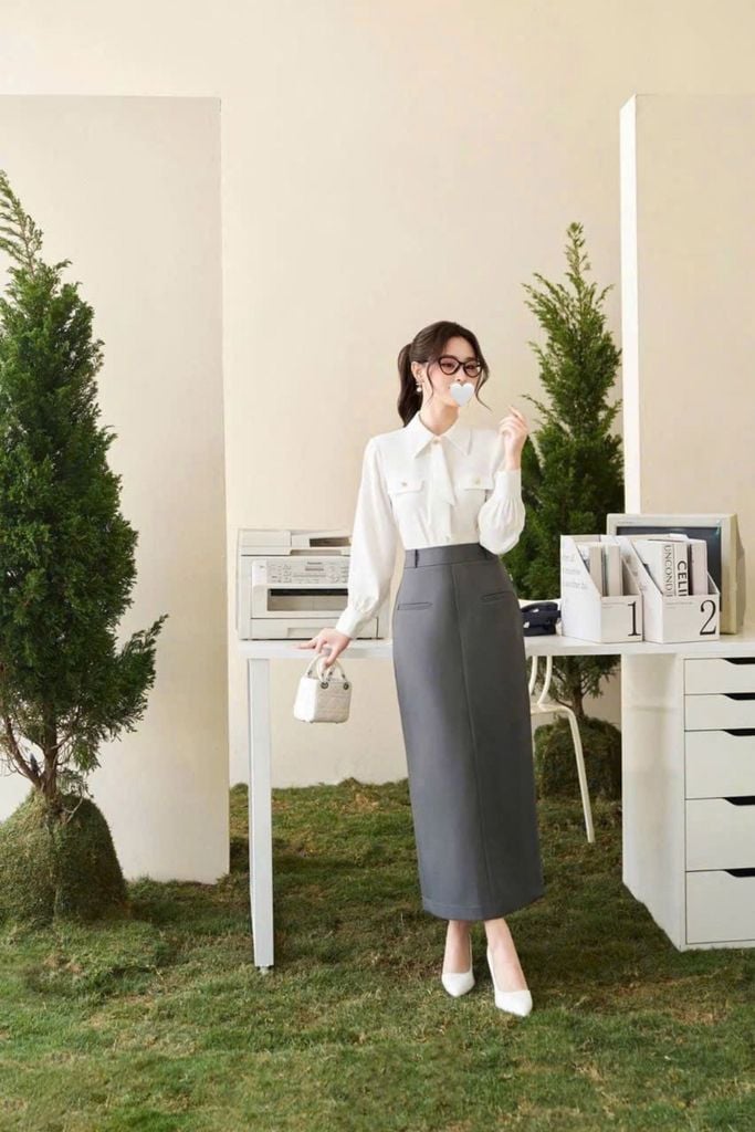 SKY9334 - SET CÔNG SỞ SƠMI TRẮNG + VÁY DÀI XÁM